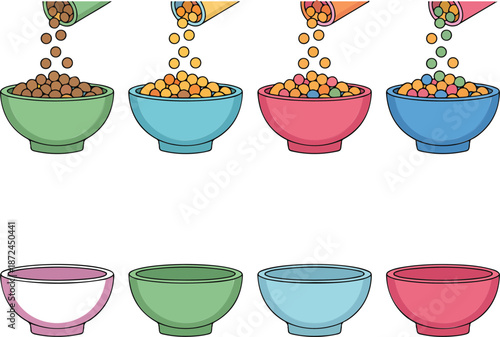 Breakfast Cereal Bowl Icon Set  Milk, Cornflakes, and Fruit
