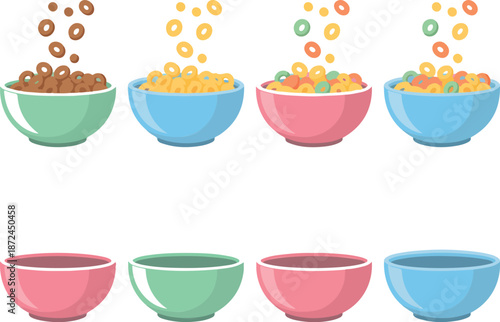 Breakfast Cereal Bowl Icon Set  Milk, Cornflakes, and Fruit