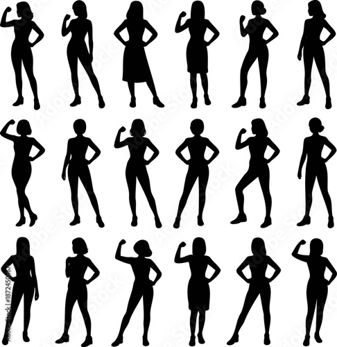 Black silhouettes of women flexing muscles in various poses