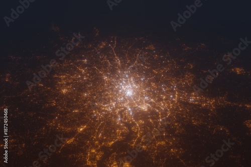 Aerial shot on London (England, UK) at night, view from east. Imitation of satellite view on modern city with street lights and glow effect. 3d render