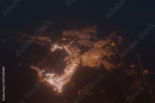 Aerial shot on Abu Dhabi (UAE) at night, view from west. Imitation of satellite view on modern city with street lights and glow effect. 3d render