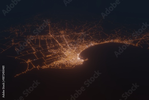 Aerial shot on Durres (Albania) at night, view from west. Imitation of satellite view on modern city with street lights and glow effect. 3d render