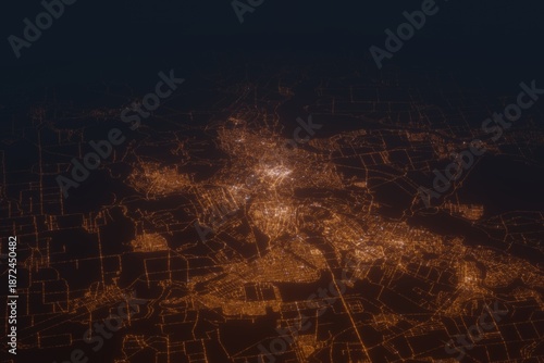 Aerial shot on Kryvyi Rih (Ukraine) at night, view from east. Imitation of satellite view on modern city with street lights and glow effect. 3d render