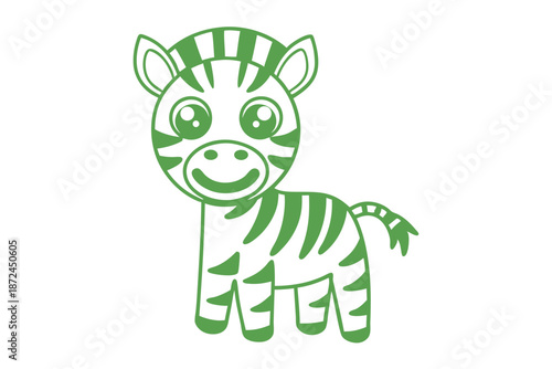 The happy cartoon baby zebra appears cheerful with its unique green stripes and cute look