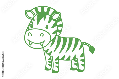 A playful green zebra stands cheerfully with prominent stripes and a cute, toothy smile