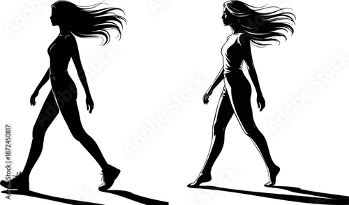 Woman walking silhouette with flowing hair and shadow