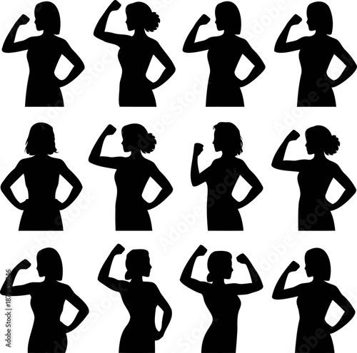 Twelve black female silhouettes flexing biceps in a grid