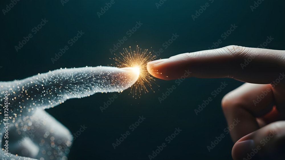 Obraz premium Toma macro de puntas de dedos robóticos y humanos creando una explosión de luz que simboliza el nacimiento de la conciencia artificial