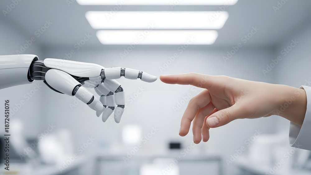 Fototapeta premium Mano robótica y humana tocándose las puntas de los dedos representando colaboración de IA y asistencia médica futurista
