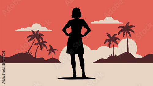 Woman Silhouette on Tropical Beach with Palm Trees
