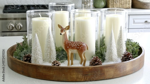 a simple and cute christmas centerpiece on the kitchen island, with candles in glass vases surrounded by greenery, pine cones