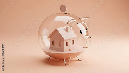 Concepto de ahorro para una casa con hucha y modelo de casa interior. Planificación financiera para propiedad de vivienda e inversión inmobiliaria. Alcancía de cerdito transparente con casa miniatura