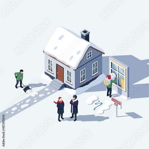 Illustration of People Around a House.