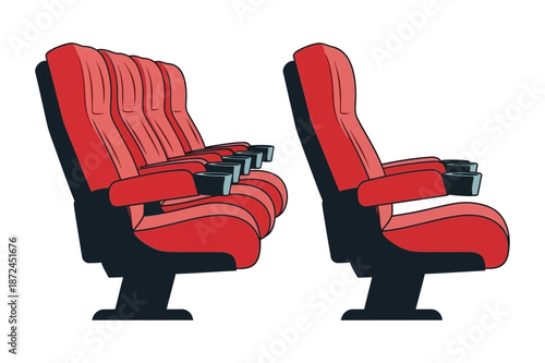 Row of Red Cinema Theater Seats with Cup Holders Illustration