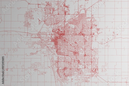 Map of the streets of Lincoln (Nebraska, USA) made with red lines on white paper. 3d render, illustration