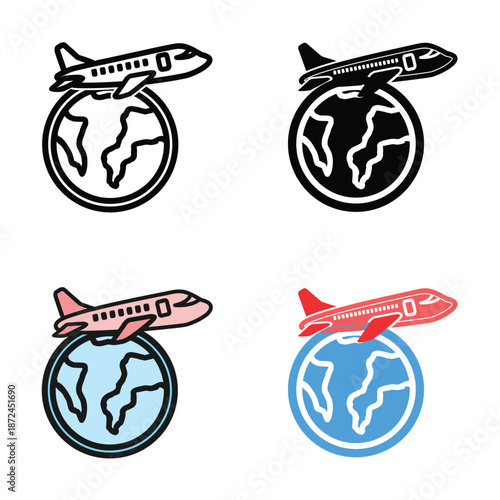 Vector illustration set of airplane flying around globe icons. International travel, global transportation, tourism and worldwide flight route concept in outline and flat style, isolated.