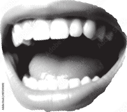 Dynamic black and white halftone scream: a striking close-up of an open mouth with prominent teeth, rendered in a bold, retro comic book style graphic art