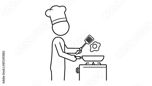 A simple line drawing of a chef in a tall hat cooking eggs in a pan on a stove.