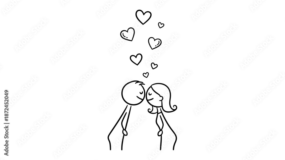 Fototapeta premium Simple stick figure drawing of a man and woman in love, with hearts floating above their heads, symbolizing romance and affection.