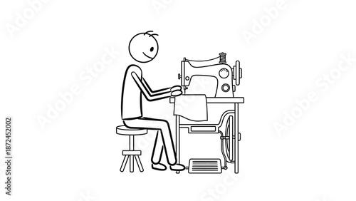 A simple line drawing of a person sitting at a sewing machine and sewing fabric.