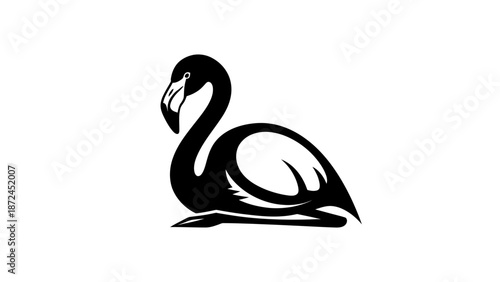Stylized Black Silhouette of a Flamingo Bird Sitting Gracefully.