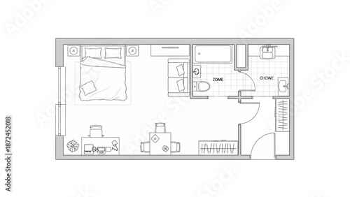 Floor plan of a studio apartment featuring a bedroom, bathroom, kitchen, and workspace.