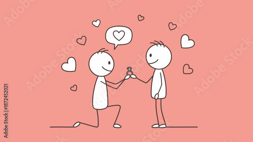 A romantic couple celebrates Valentine's Day with a pink heart design in this vector cartoon illustration of a bride and groom during their wedding holiday