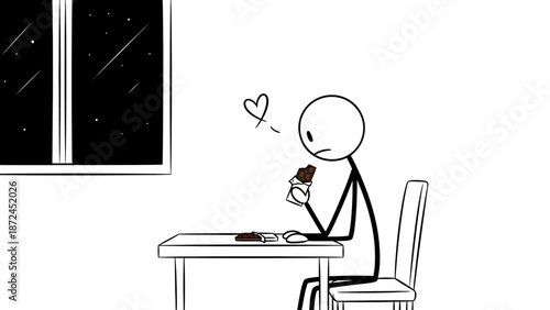 A stick figure sits at a table by a window, enjoying a piece of chocolate.