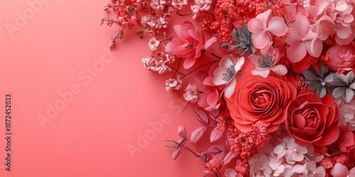 A red and pink flower arrangement with a pink background. The flowers are roses and there are also some white flowers