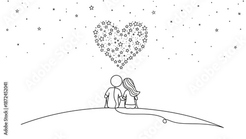 A couple sits on a hill under a starry sky, with a heart made of stars floating above them.