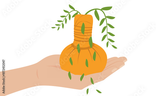Close-up of herbal pouch in hand – fresh herbal compress illustration