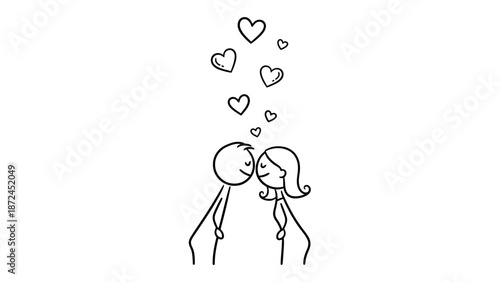 Simple stick figure drawing of a man and woman in love, with hearts floating above their heads, symbolizing romance and affection.