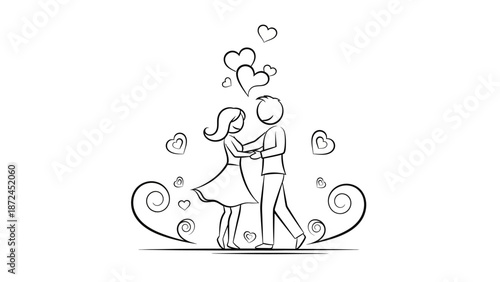 A charming sketch of a couple dancing amidst swirling hearts and decorative elements, symbolizing love and romance.