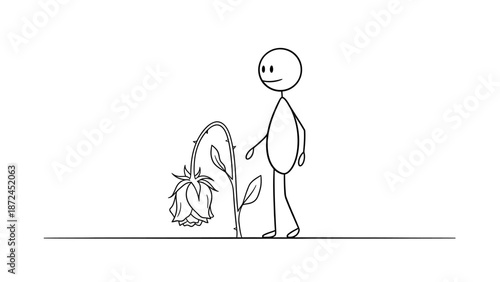 A stick figure standing next to a wilting, dying rose, depicting sadness or loss.