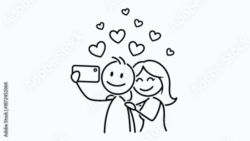Stick figures of a happy couple taking a selfie with a smartphone, surrounded by floating hearts.