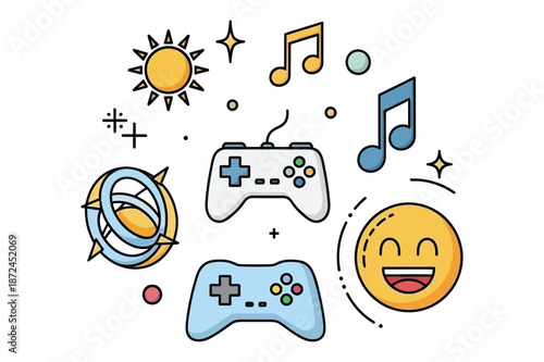 Colorful video game and entertainment lifestyle icons set