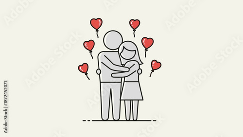 A happy cartoon couple smiles while holding a red heart balloon and a romantic gift for a Valentine's Day celebration vector illustration