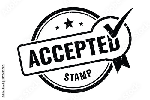 Grungy black accepted stamp with checkmark and star icons