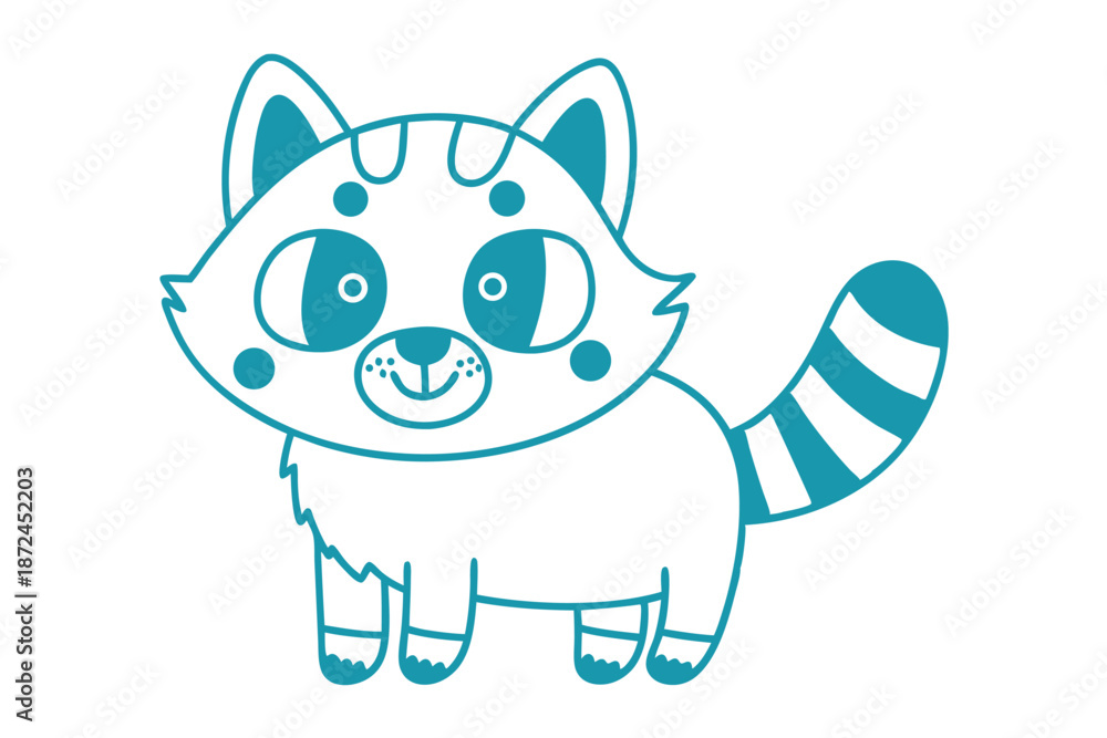 Obraz premium Animated outline shows a charming raccoon with a striped tail standing against a white backdrop
