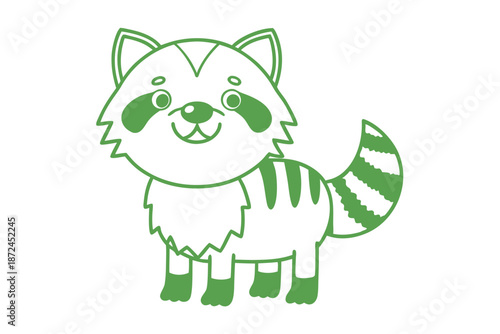 Charming green cartoon raccoon stands cheerfully with its striped tail showing against a white background