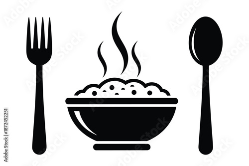 Healthy Hot Meal Icon with Steaming Bowl and Utensils
