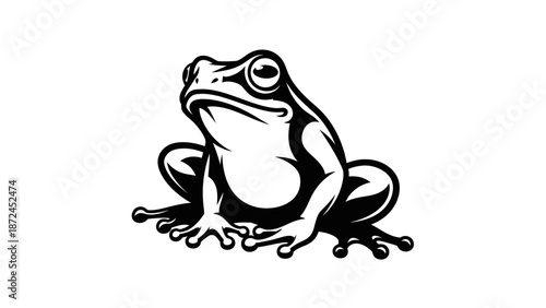 Monochromatic Frog Illustration with Bold Outlines and Detailed Features.