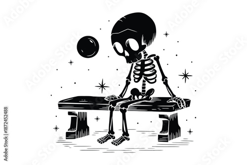 Stylized skeleton figure sitting on a bench under the stars