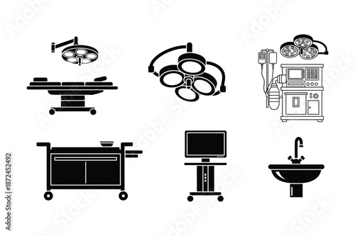 Surgery room medical equipment icons for hospital operations