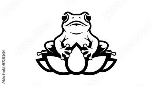 Frog Sitting on Lotus Flower Black and White Illustration.