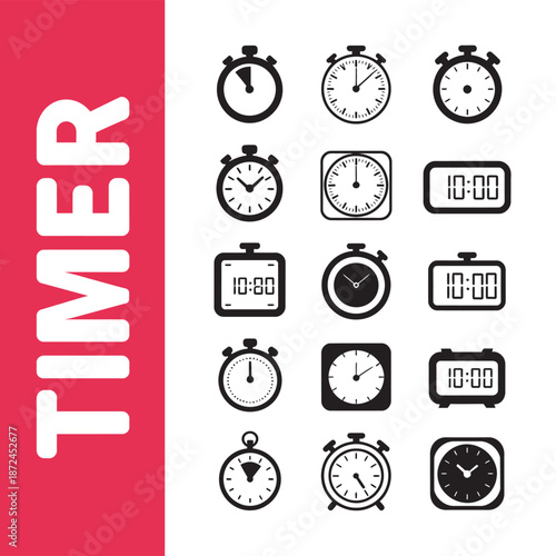 Set of diverse timer and stopwatch icons for accurate time measurement, illustrating various chronometer designs and digital countdown devices