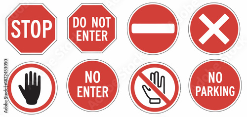 Collection of Red and White Traffic and Road Signs for No Entry and Stop