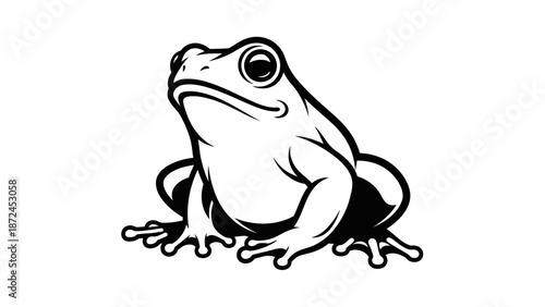 A detailed black and white illustration of a frog sitting.