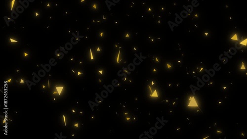Abstract Glowing Yellow Triangles and Particles Floating on Black Background.