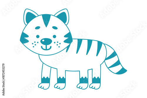 An adorable outlined cartoon tiger with a happy smile stands calmly on white